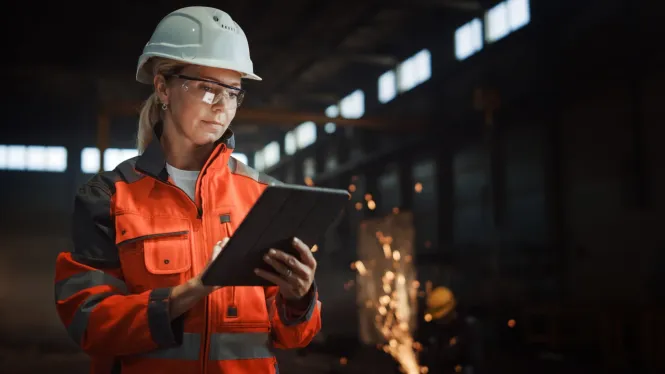 Frau mit Schutzhelm, Warnweste und Tablet in einer Industriehalle.