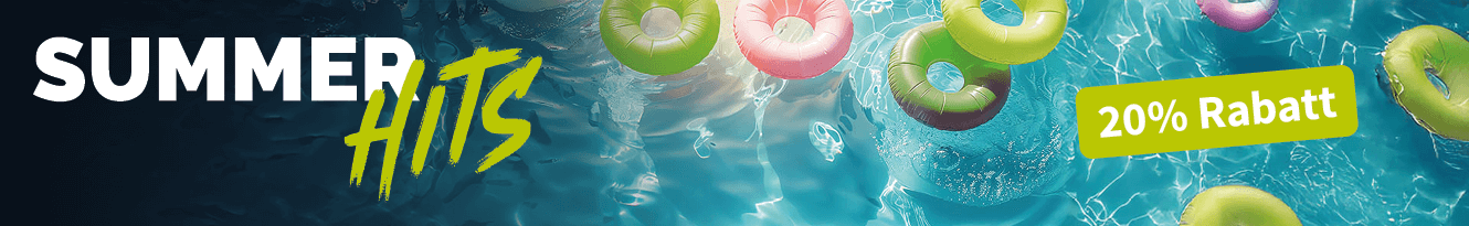Bunte Schwimmreifen treiben in einem sonnigen Pool, links der Text „Summer Hits“ in weiß und grün, rechts ein grünes Rabattlabel mit der Aufschrift „20% Rabatt“