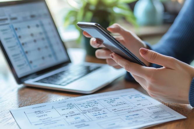 Hände halten ein Smartphone, Laptop im Hintergrund, ausgedruckter Studienplan