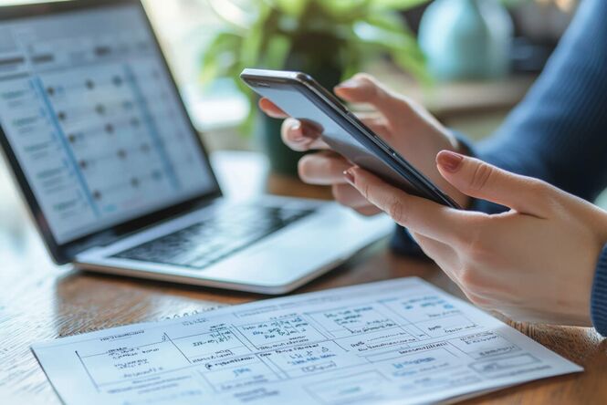 Hände halten ein Smartphone, Laptop im Hintergrund, ausgedruckter Studienplan