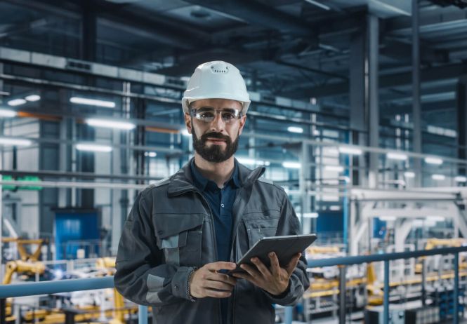 Betriebswirt in Arbeitskleidung mit Schutzhelm & Tablet in einer Industriehalle.