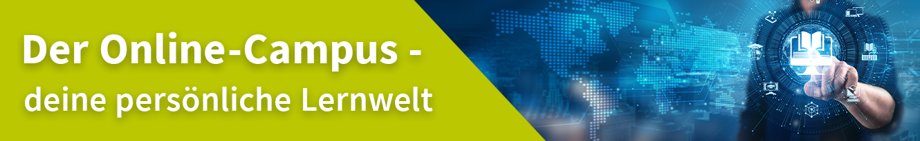 Banner mit digitalem Netzwerkdesign, Symbolen & Hand die E-Learning-Icon berührt