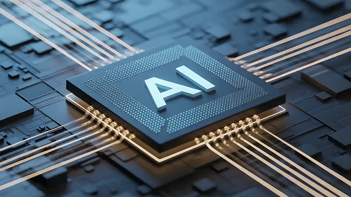Mikrochip mit der Aufschrift „AI“ auf einer digitalen Leiterplatte, umgeben von leuchtenden Datenleitungen – Symbolbild für künstliche Intelligenz, Technologie und digitales Grundwissen.