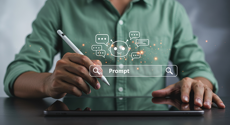 Person arbeitet mit Tablet und Stylus, über dem Gerät erscheint ein digitales Interface mit dem Begriff „Prompt“ und Symbolen für Chat-KI – Symbolbild für KI-Prompt-Engineering und moderne Kommunikation mit künstlicher Intelligenz.