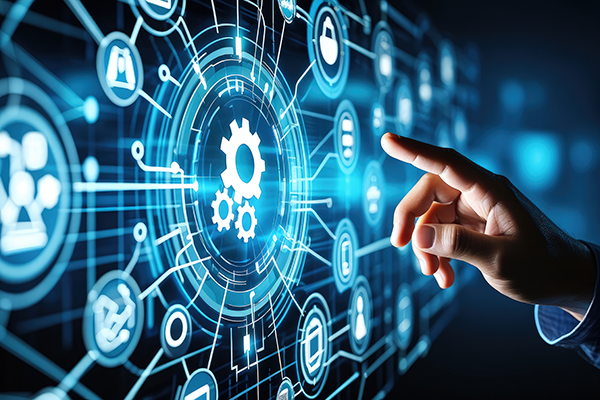 Hand zeigt auf ein digitales Interface mit Zahnrad-Symbol im Zentrum, umgeben von vernetzten Icons – Darstellung für KI-Tools, Automatisierung und digitale Anwendungen.